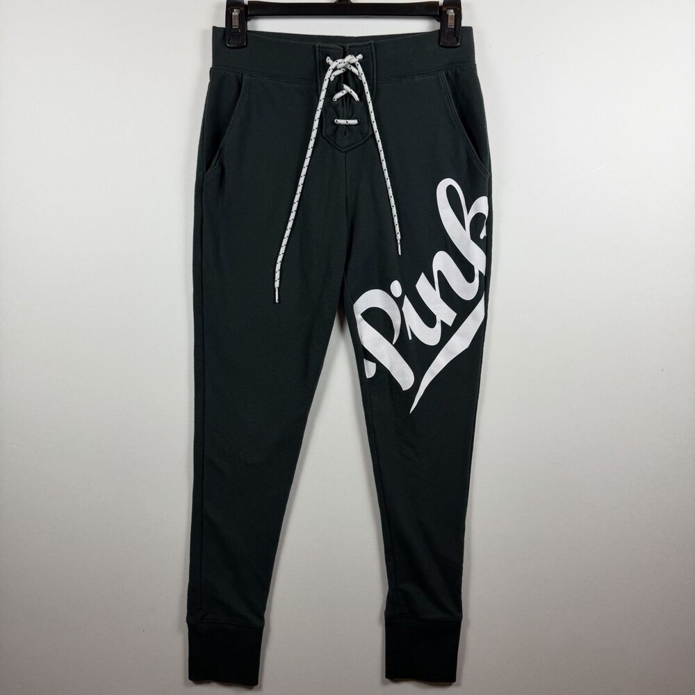 Victorias Secret Pink Womens Green Joggers With Lace-Up Waistband Logo Print XS